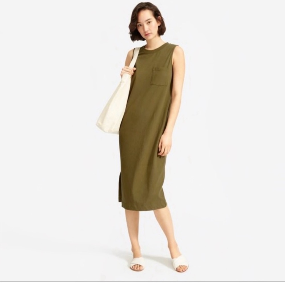 Everlane Olive Green Sleeveless Midi Dress with Chest Pocket